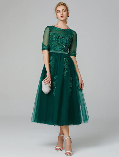 Elegant Sparkle A-Line Illusion Neck Lace Sequin Tea Length Dress for Wedding Guests.