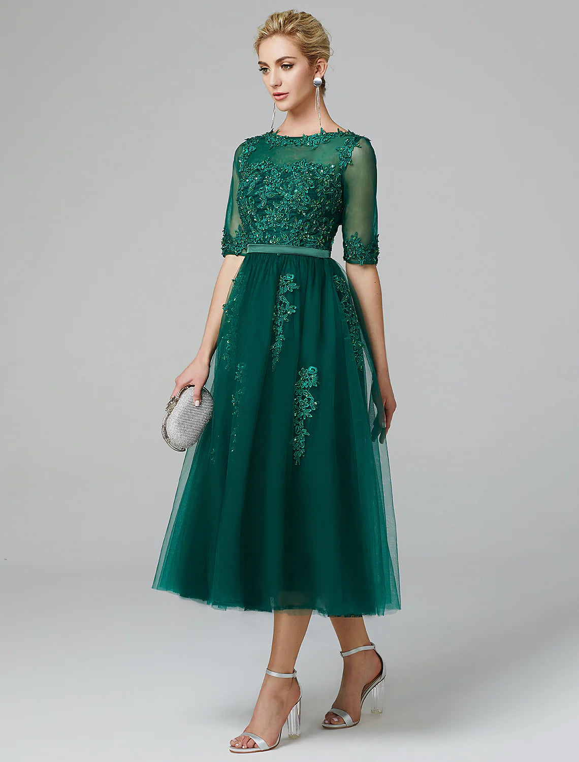 Elegant Sparkle A-Line Illusion Neck Lace Sequin Tea Length Dress for Wedding Guests.