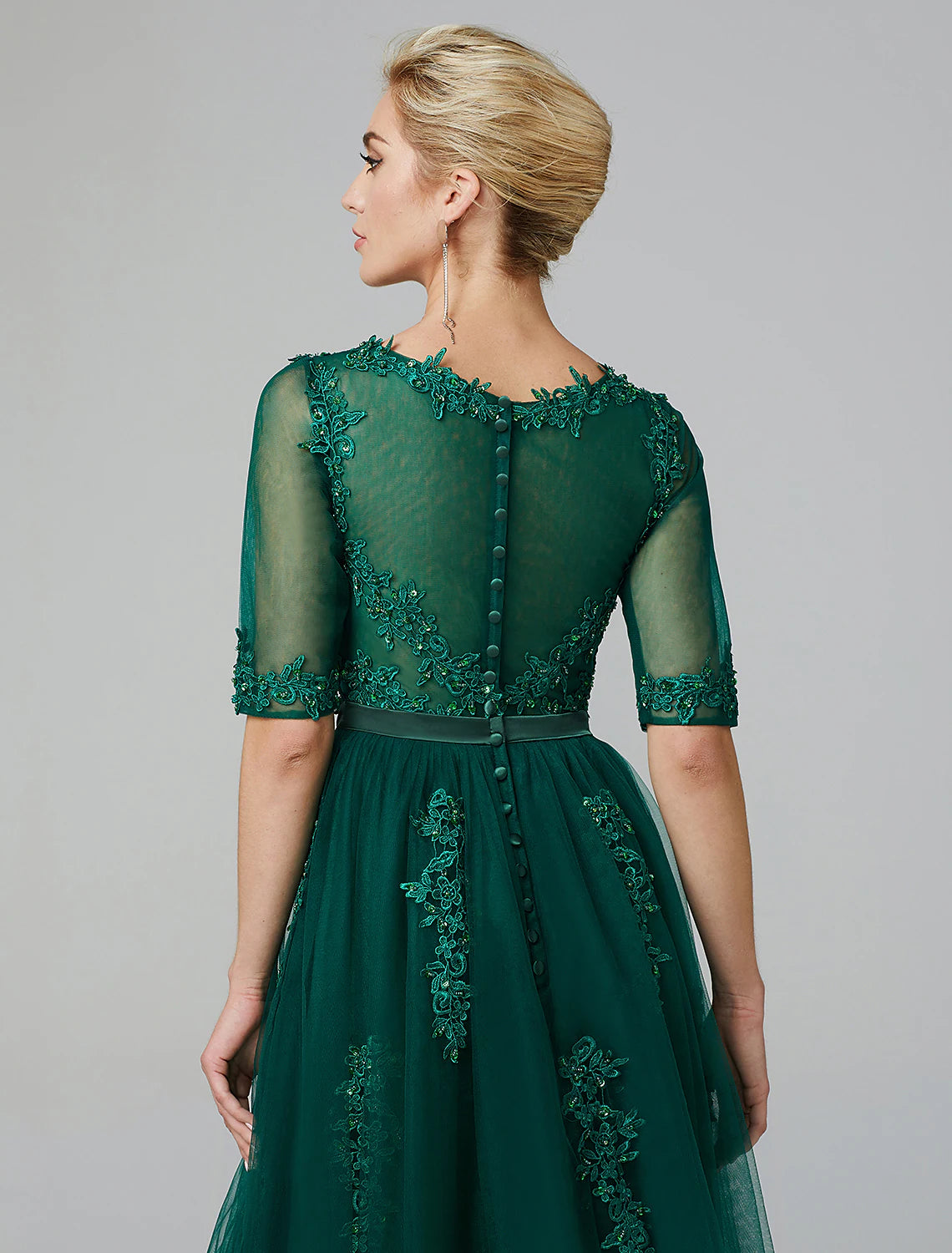 Elegant Sparkle A-Line Illusion Neck Lace Sequin Tea Length Dress for Wedding Guests.