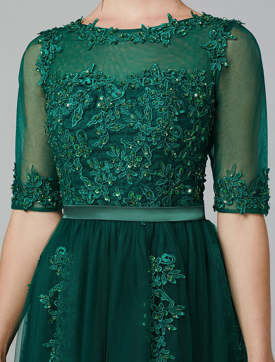 Elegant Sparkle A-Line Illusion Neck Lace Sequin Tea Length Dress for Wedding Guests.