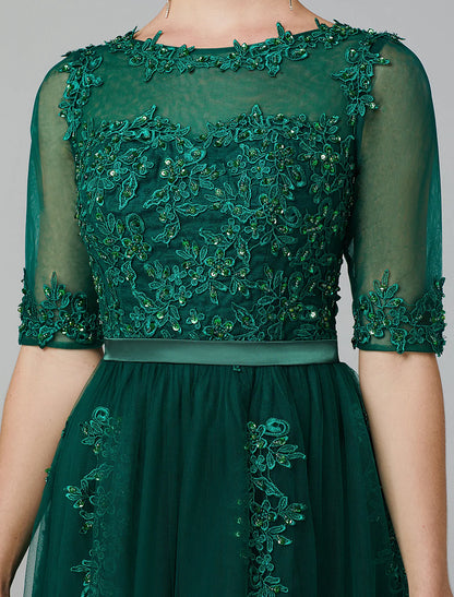 Elegant Sparkle A-Line Illusion Neck Lace Sequin Tea Length Dress for Wedding Guests.