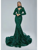 Elegant Sparkling Mermaid Evening Gown, Long Sleeve Stand Collar Lace Sequin.