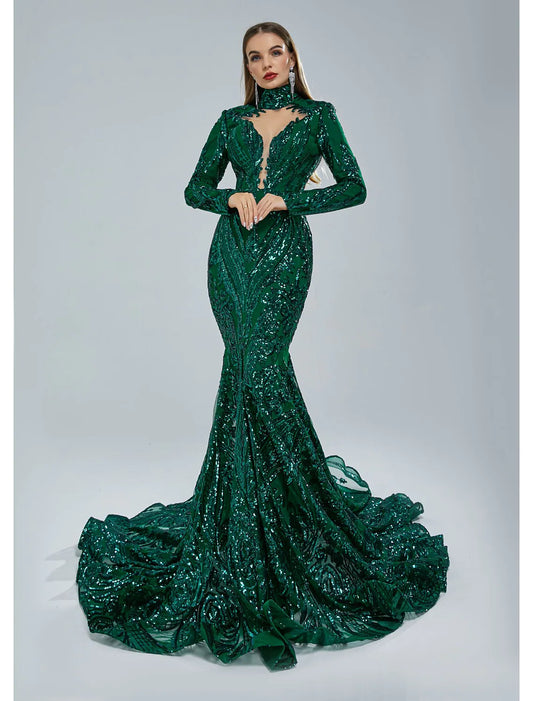 Elegant Sparkling Mermaid Evening Gown, Long Sleeve Stand Collar Lace Sequin.