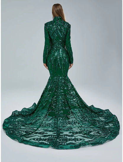 Elegant Sparkling Mermaid Evening Gown, Long Sleeve Stand Collar Lace Sequin.