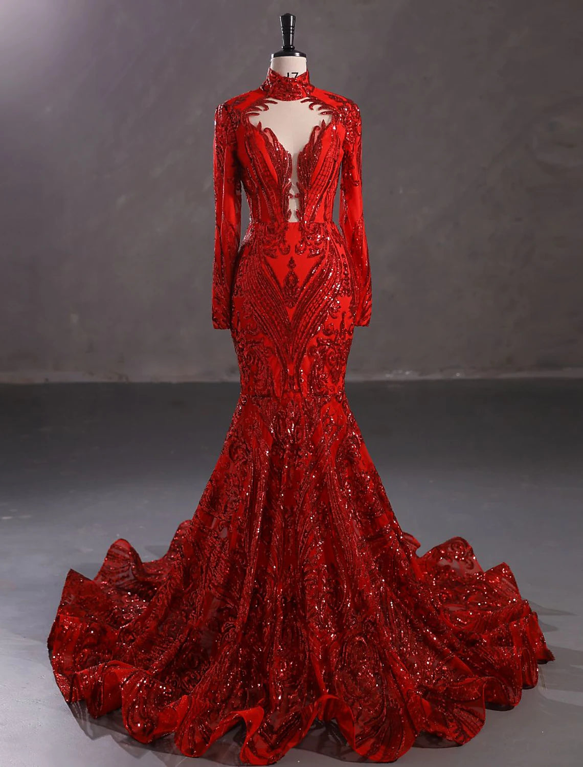 Elegant Sparkling Mermaid Evening Gown, Long Sleeve Stand Collar Lace Sequin.