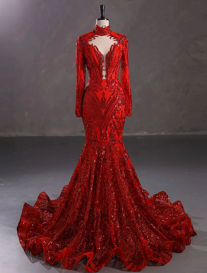 Elegant Sparkling Mermaid Evening Gown, Long Sleeve Stand Collar Lace Sequin.