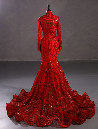 Elegant Sparkling Mermaid Evening Gown, Long Sleeve Stand Collar Lace Sequin.