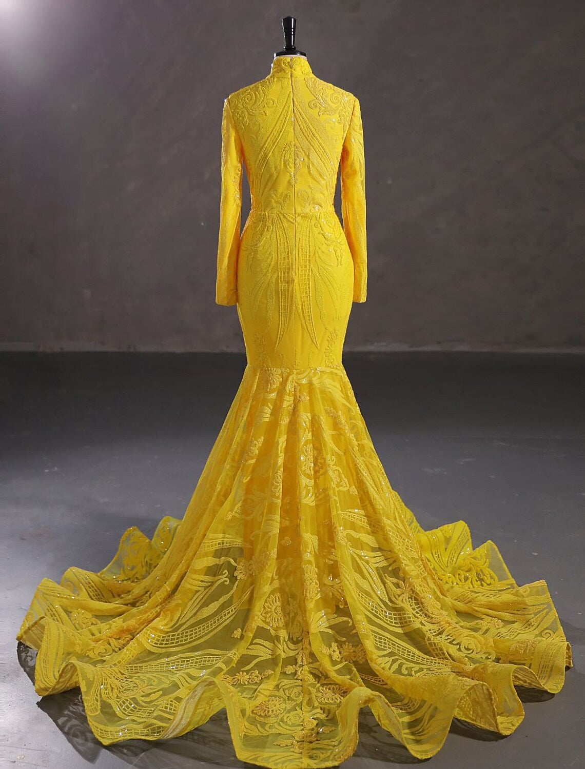 Elegant Sparkling Mermaid Evening Gown, Long Sleeve Stand Collar Lace Sequin.