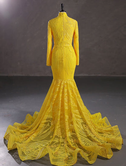 Elegant Sparkling Mermaid Evening Gown, Long Sleeve Stand Collar Lace Sequin.