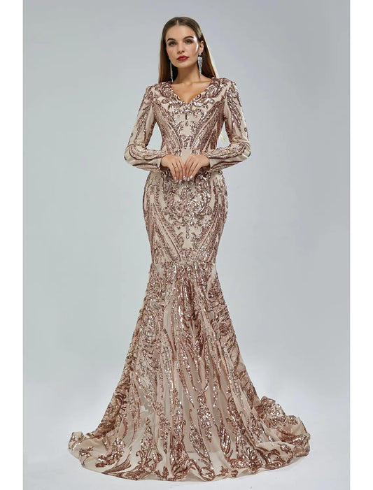 Elegant Sparkling Mermaid Trumpet V-Neck Long Sleeve Lace Sequin Evening Gown.