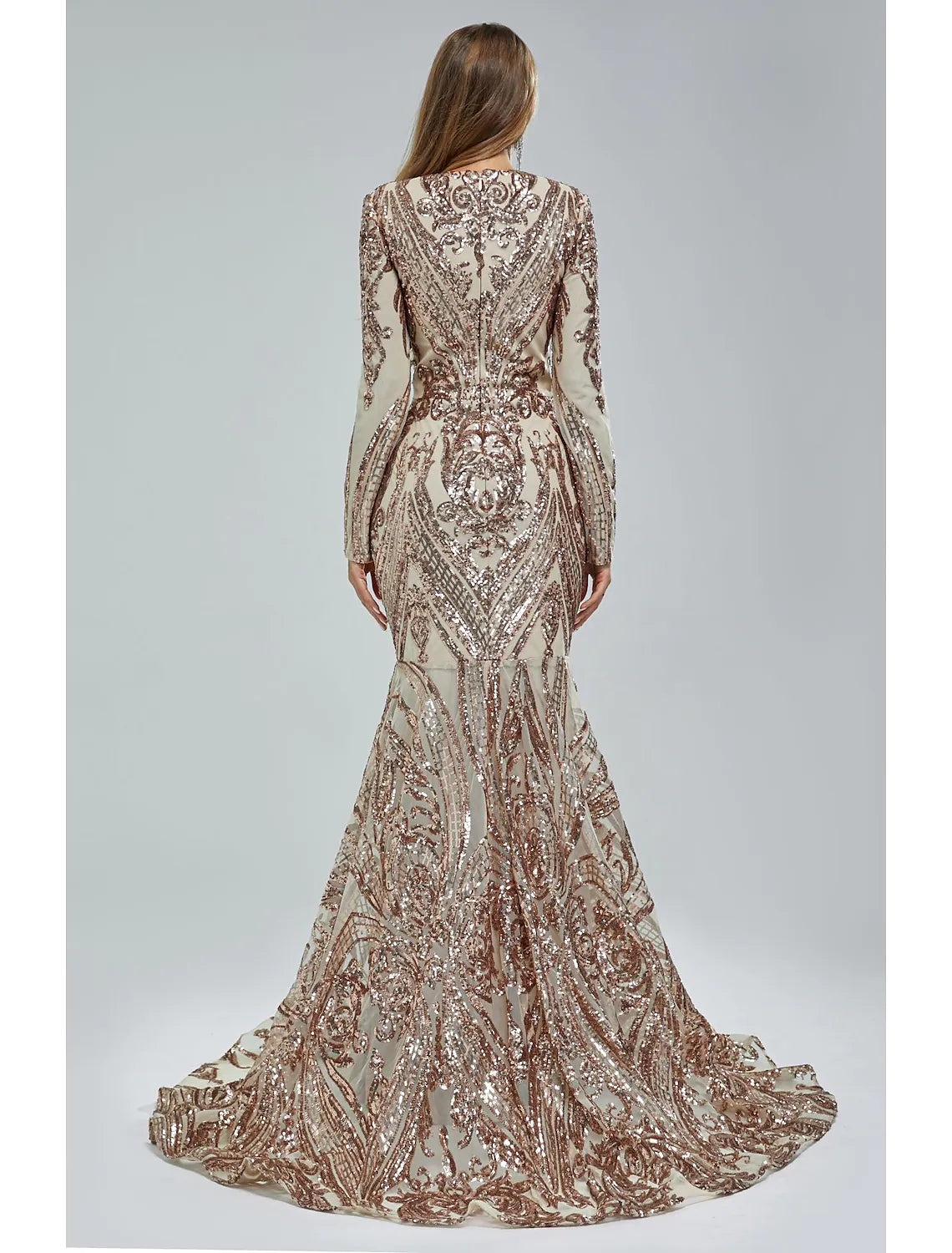 Elegant Sparkling Mermaid Trumpet V-Neck Long Sleeve Lace Sequin Evening Gown.
