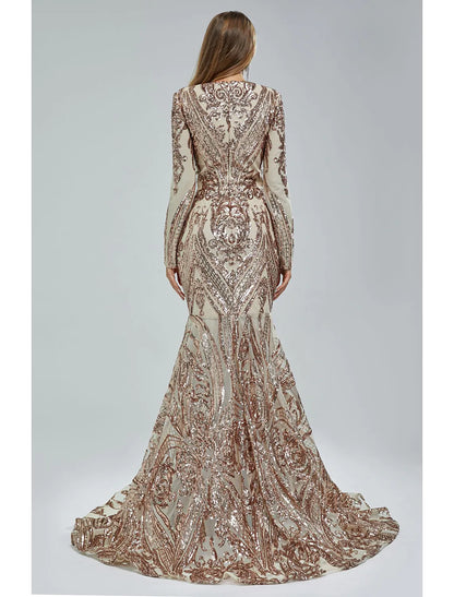 Elegant Sparkling Mermaid Trumpet V-Neck Long Sleeve Lace Sequin Evening Gown.