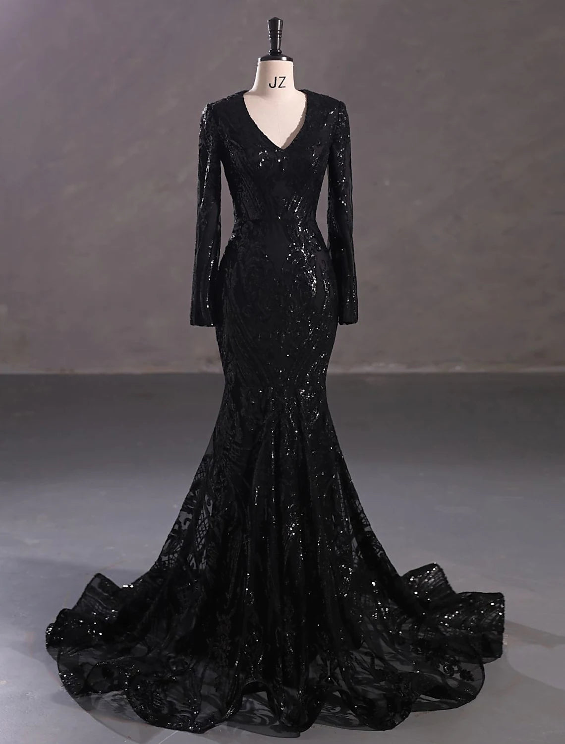Elegant Sparkling Mermaid Trumpet V-Neck Long Sleeve Lace Sequin Evening Gown.