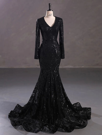 Elegant Sparkling Mermaid Trumpet V-Neck Long Sleeve Lace Sequin Evening Gown.