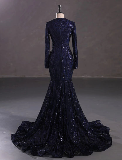 Elegant Sparkling Mermaid Trumpet V-Neck Long Sleeve Lace Sequin Evening Gown.