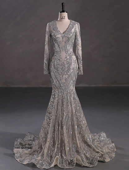 Elegant Sparkling Mermaid Trumpet V-Neck Long Sleeve Lace Sequin Evening Gown.