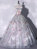 Elegant Strapless Ball Gown Lace Embroidered Slit Floor Length Quinceanera Evening Dress.