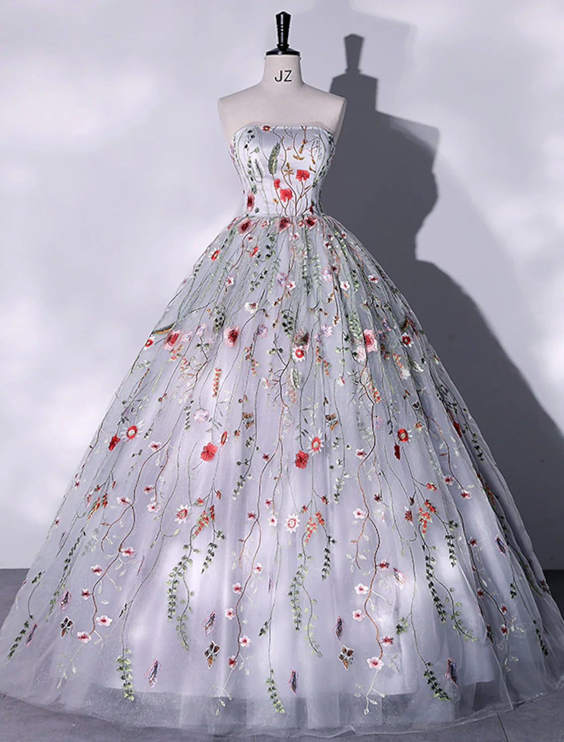 Elegant Strapless Ball Gown Lace Embroidered Slit Floor Length Quinceanera Evening Dress.