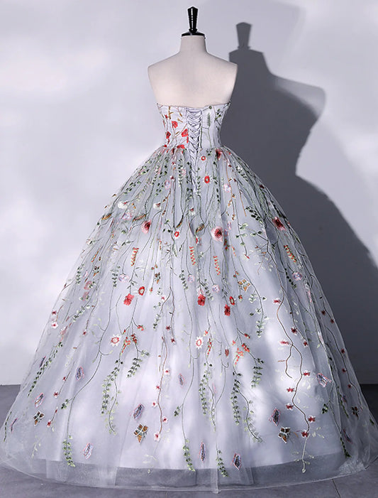 Elegant Strapless Ball Gown Lace Embroidered Slit Floor Length Quinceanera Evening Dress.