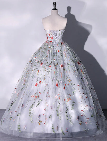 Elegant Strapless Ball Gown Lace Embroidered Slit Floor Length Quinceanera Evening Dress.