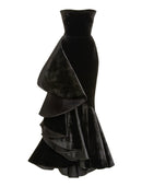 Elegant Strapless Mermaid Velvet Ruffle Black Floor-Length Prom Dress.