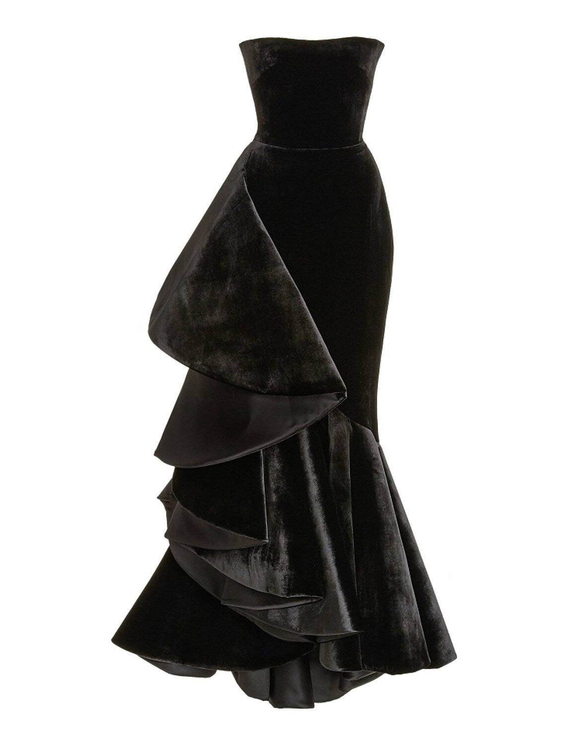 Elegant Strapless Mermaid Velvet Ruffle Black Floor-Length Prom Dress.