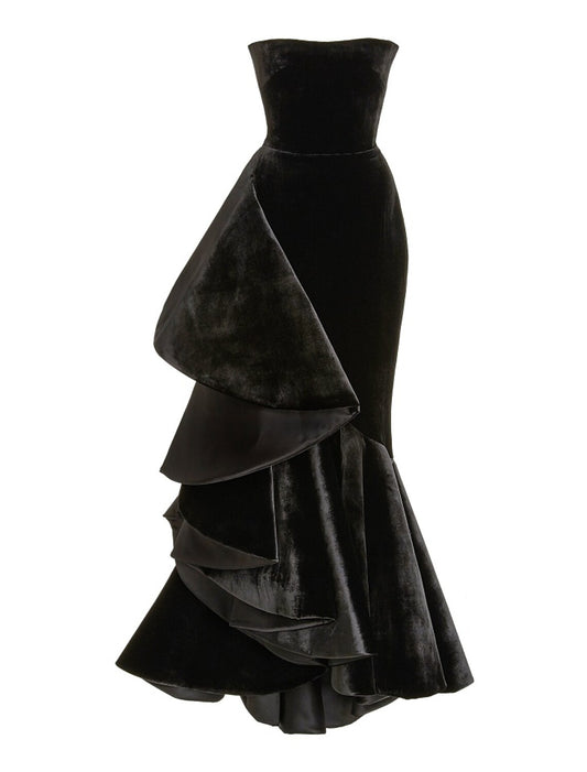 Elegant Strapless Mermaid Velvet Ruffle Black Floor-Length Prom Dress.