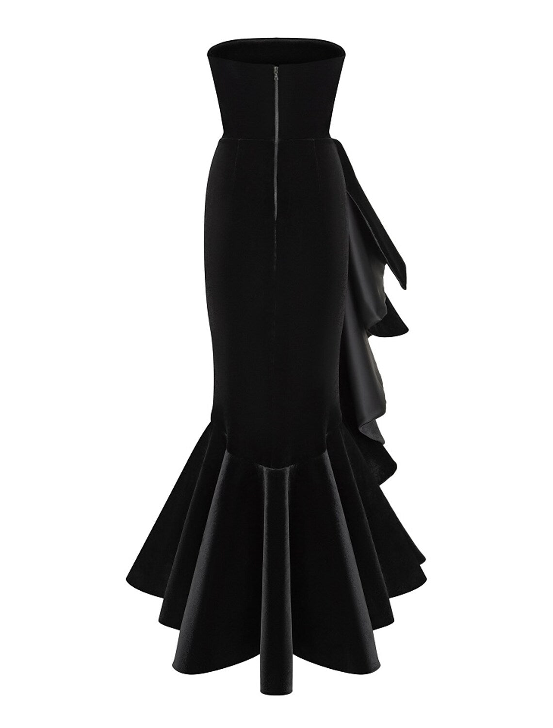 Elegant Strapless Mermaid Velvet Ruffle Black Floor-Length Prom Dress.