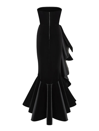Elegant Strapless Mermaid Velvet Ruffle Black Floor-Length Prom Dress.