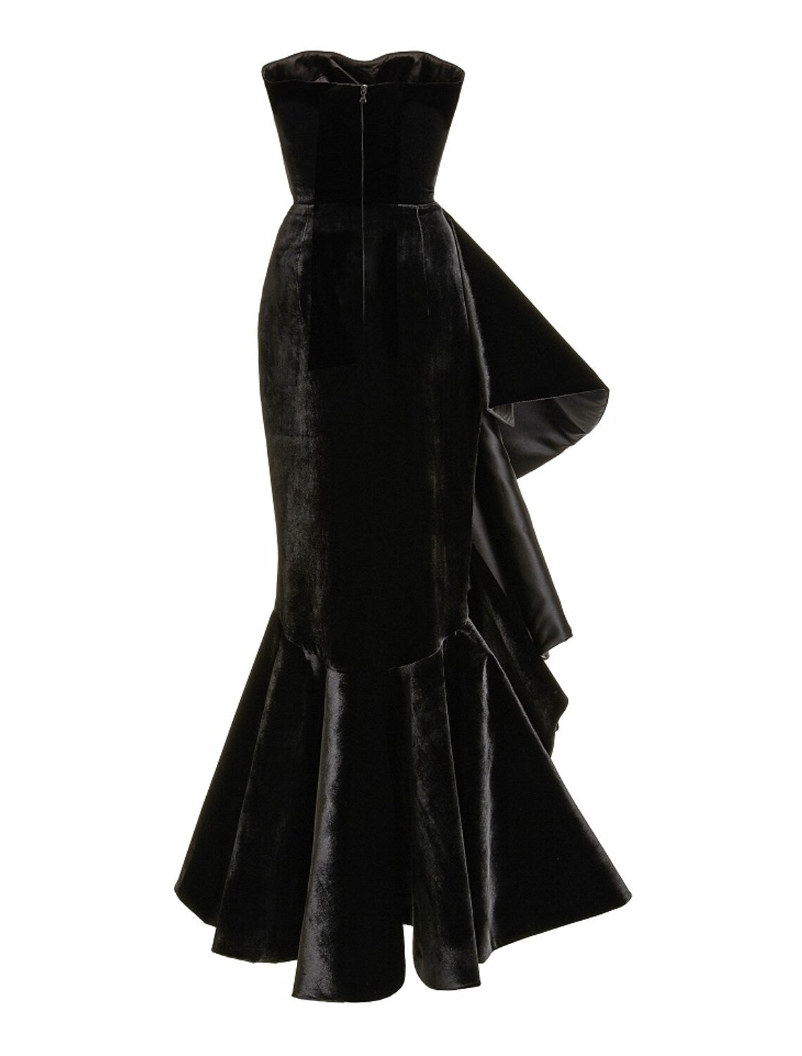 Elegant Strapless Mermaid Velvet Ruffle Black Floor-Length Prom Dress.