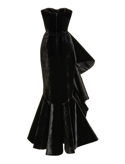 Elegant Strapless Mermaid Velvet Ruffle Black Floor-Length Prom Dress.