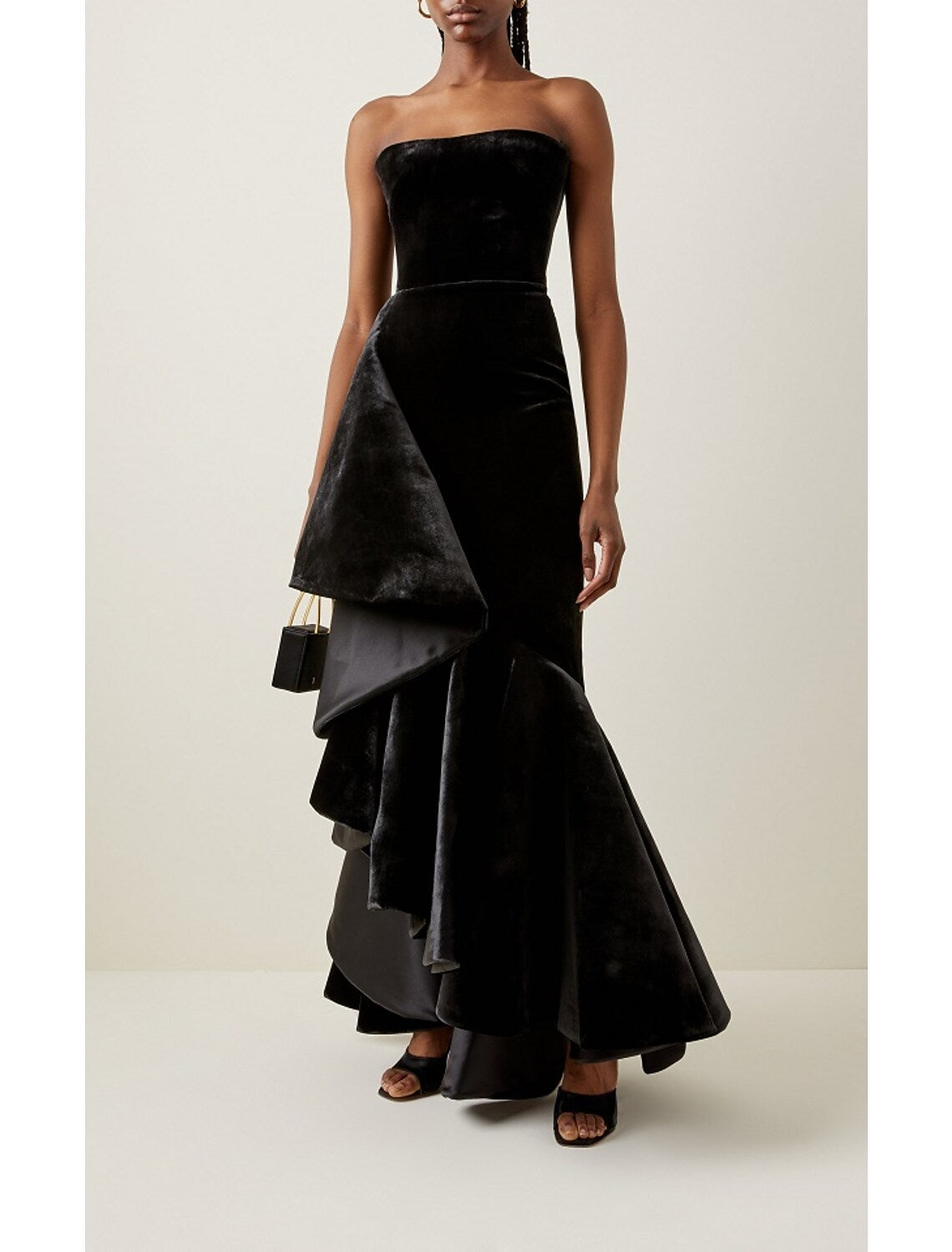 Elegant Strapless Mermaid Velvet Ruffle Black Floor-Length Prom Dress.