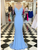 Elegant Trumpet Mermaid Scalloped Neck Appliqued Sweep Train Blush Prom Dress.