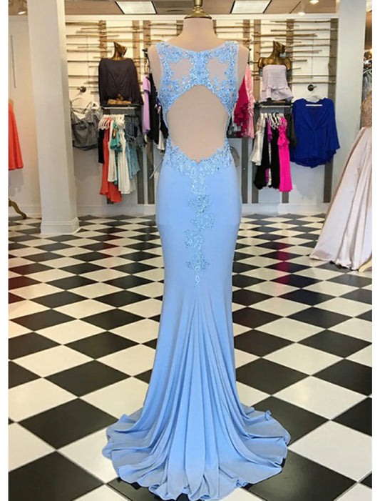 Elegant Trumpet Mermaid Scalloped Neck Appliqued Sweep Train Blush Prom Dress.