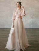 Elegant Two-Piece Empire Stand Collar Long Sleeve Tiered Chiffon Gown.