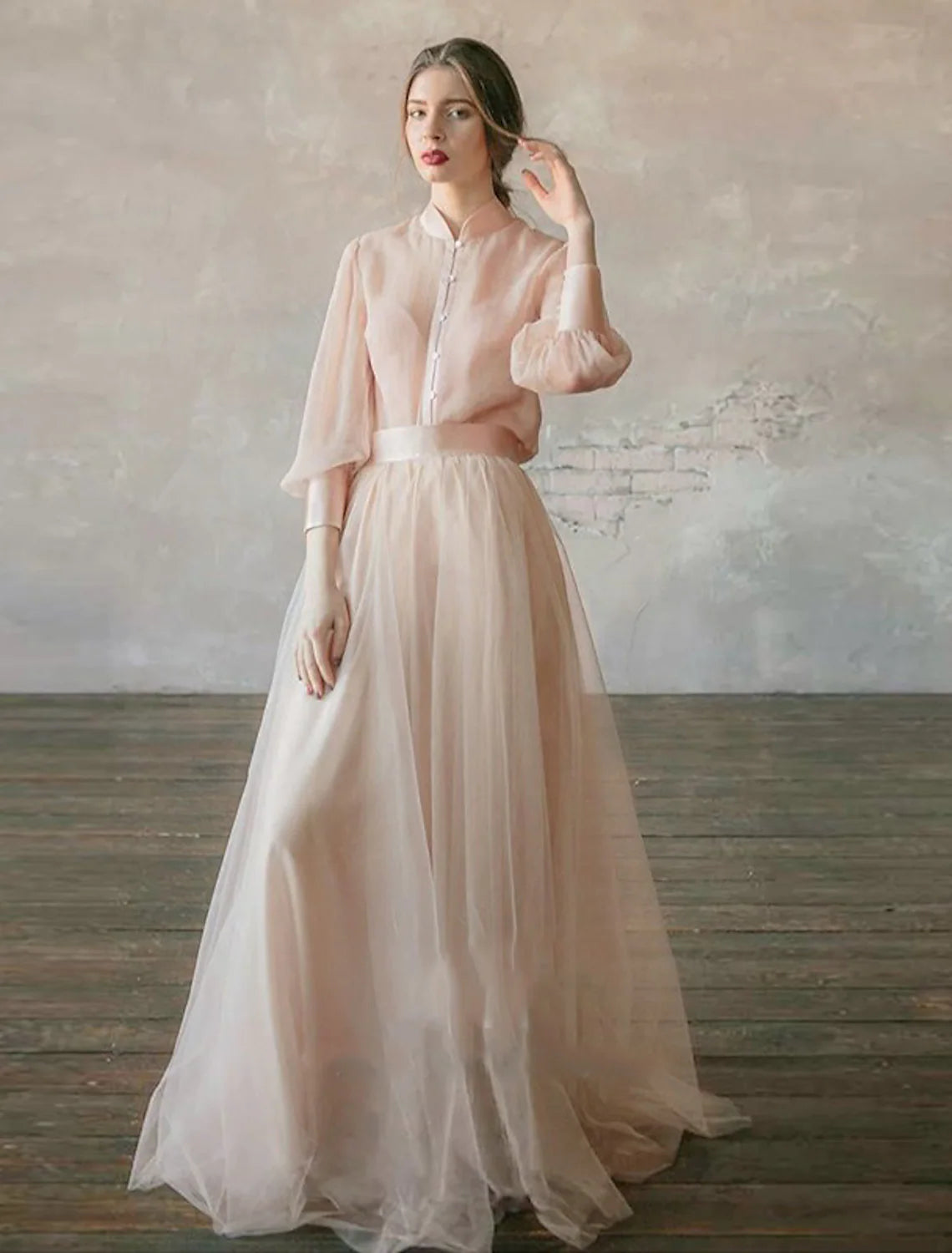 Elegant Two-Piece Empire Stand Collar Long Sleeve Tiered Chiffon Gown.