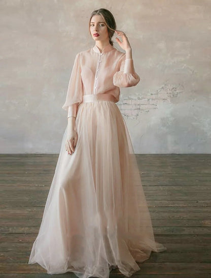 Elegant Two-Piece Empire Stand Collar Long Sleeve Tiered Chiffon Gown.