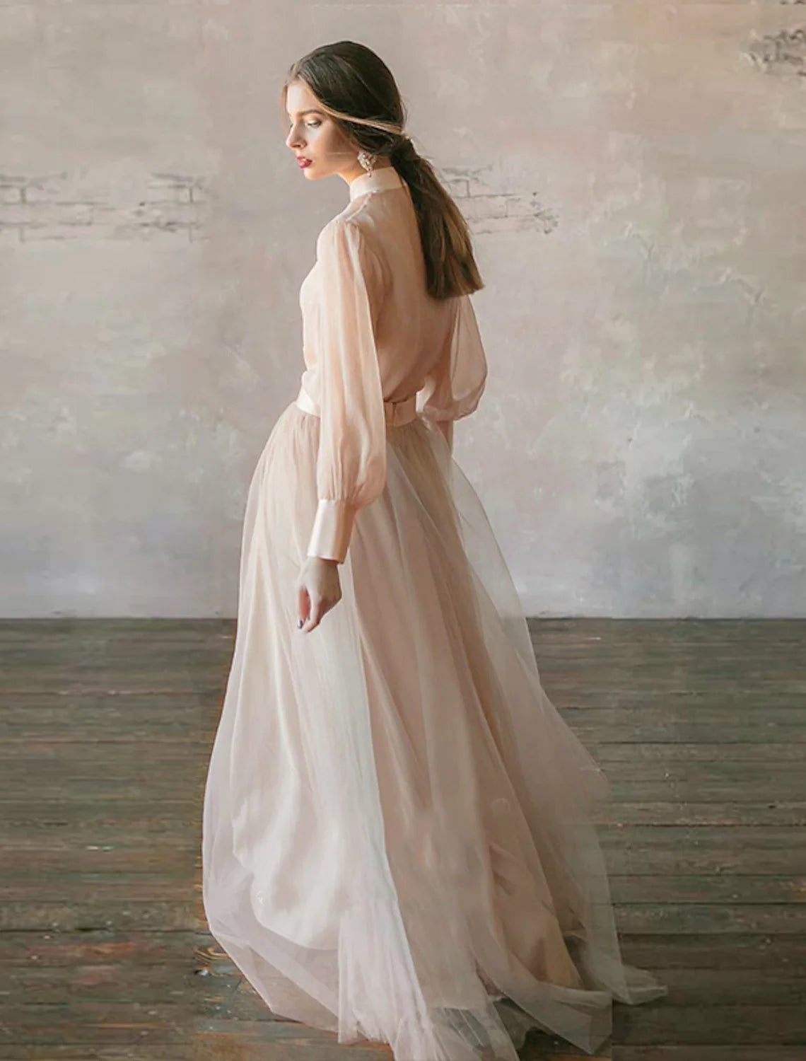 Elegant Two-Piece Empire Stand Collar Long Sleeve Tiered Chiffon Gown.