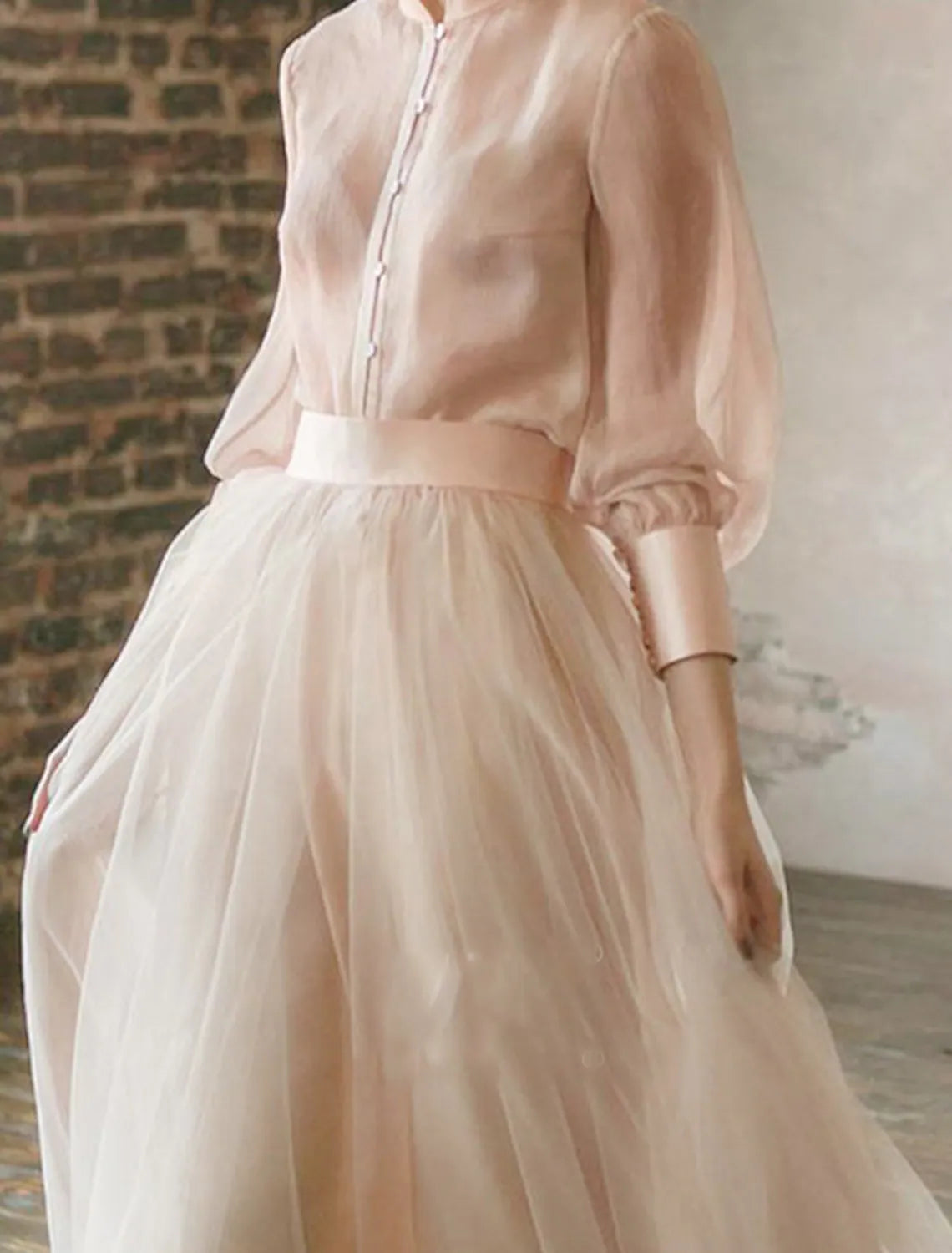 Elegant Two-Piece Empire Stand Collar Long Sleeve Tiered Chiffon Gown.