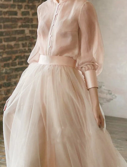 Elegant Two-Piece Empire Stand Collar Long Sleeve Tiered Chiffon Gown.