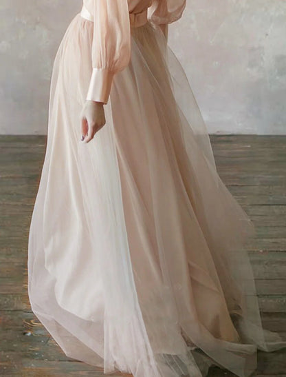 Elegant Two-Piece Empire Stand Collar Long Sleeve Tiered Chiffon Gown.