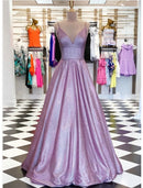 Elegant V-Neck Ball Gown Beautiful Back Floor-Length Lace Prom Dress.