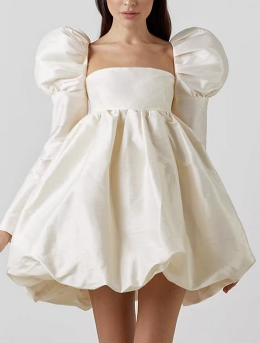 Elegant White Satin Square Neck Long Sleeve Mini Homecoming Cocktail Dress.