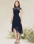 Flirty A-Line Jewel Neck Sleeveless Asymmetrical Lace Chiffon Cocktail Dress.