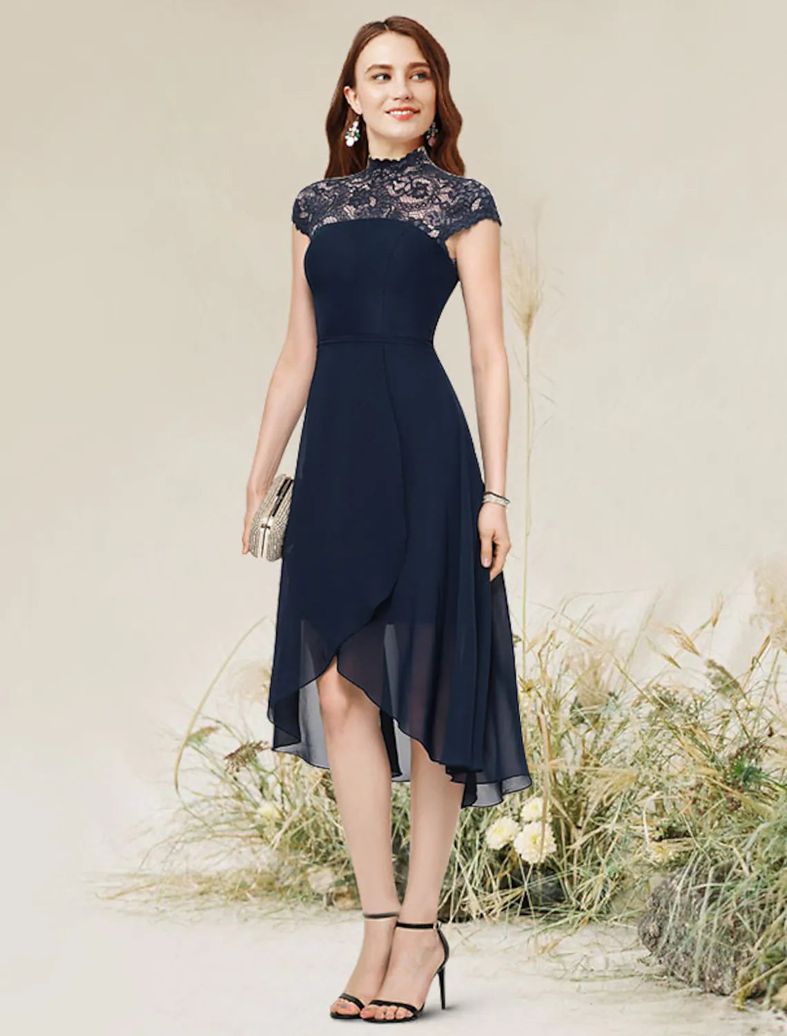 Flirty A-Line Jewel Neck Sleeveless Asymmetrical Lace Chiffon Cocktail Dress.