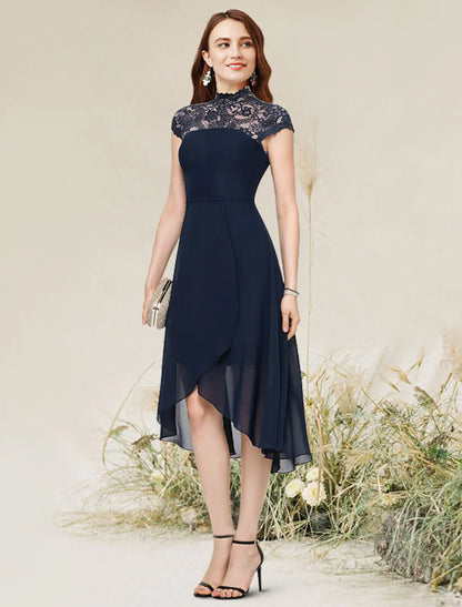 Flirty A-Line Jewel Neck Sleeveless Asymmetrical Lace Chiffon Cocktail Dress.