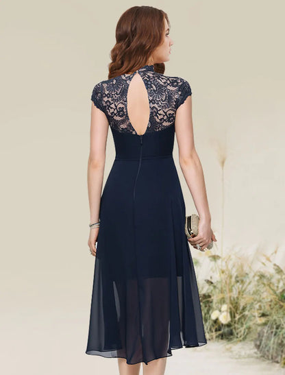Flirty A-Line Jewel Neck Sleeveless Asymmetrical Lace Chiffon Cocktail Dress.