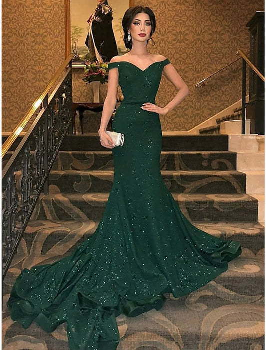 Glamorous mermaid off-shoulder short sleeve gold sequin court train evening gown.