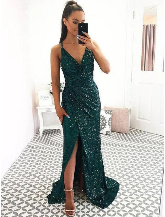 Glamorous V-Neck Mermaid Trumpet Sequined Slit Prom Dress with Sweep Train.