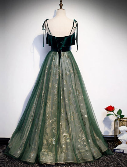 Glittering A-Line Spaghetti Strap Sequin Formal Floor Length Evening Dress.